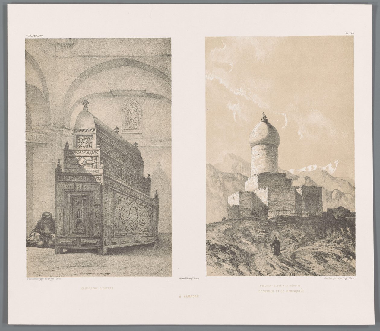 Graftombe van Esther en Mordechai Cenotaph of Esther (tittel på objekt) Monument reist til minne om Esther og Mordecai (tittel på objekt) A Hamadan (tittel på objekt) Perzische landschappen (serietittel) Modern Persia (serietittel) av Eugene Flandin