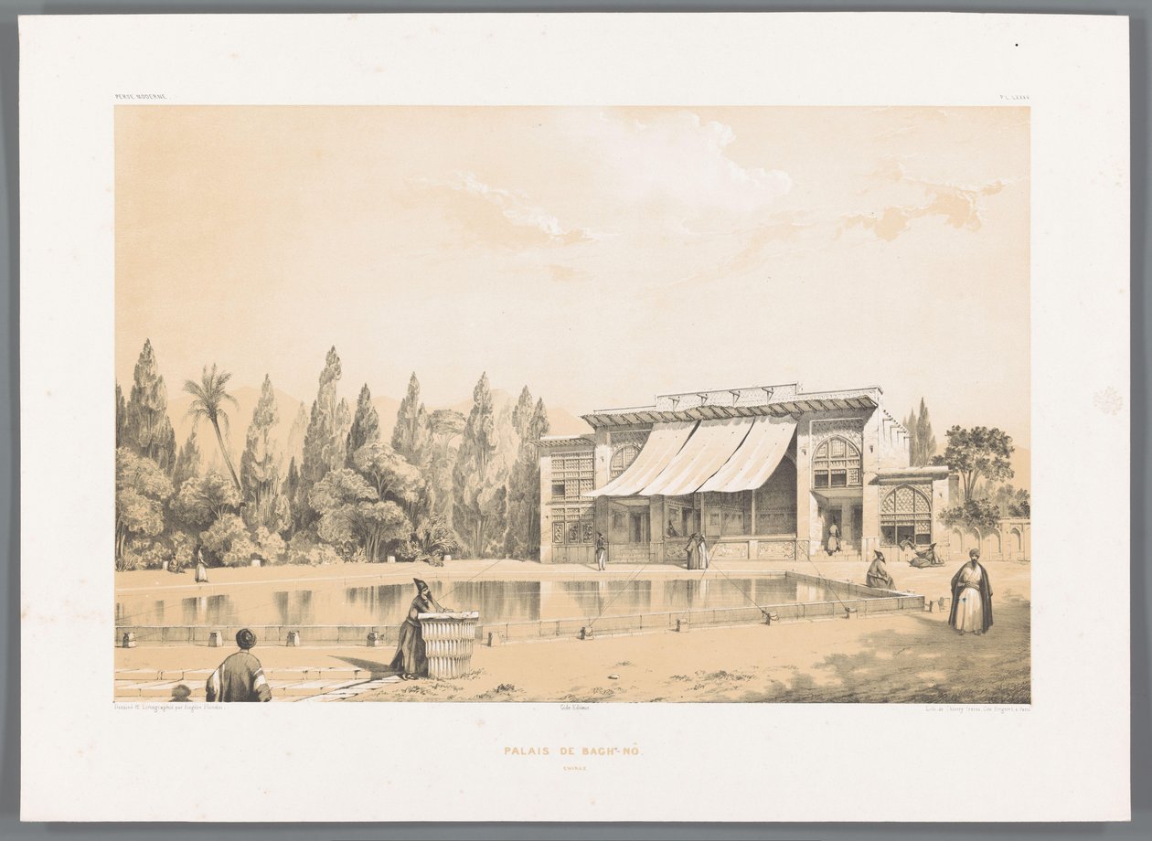 Nou Bagh-palasset i Shiraz Palais de Bagh-Nô (tittel på objekt) Persiske landskap (serietittel) Perse modern (serietittel) av Eugene Flandin