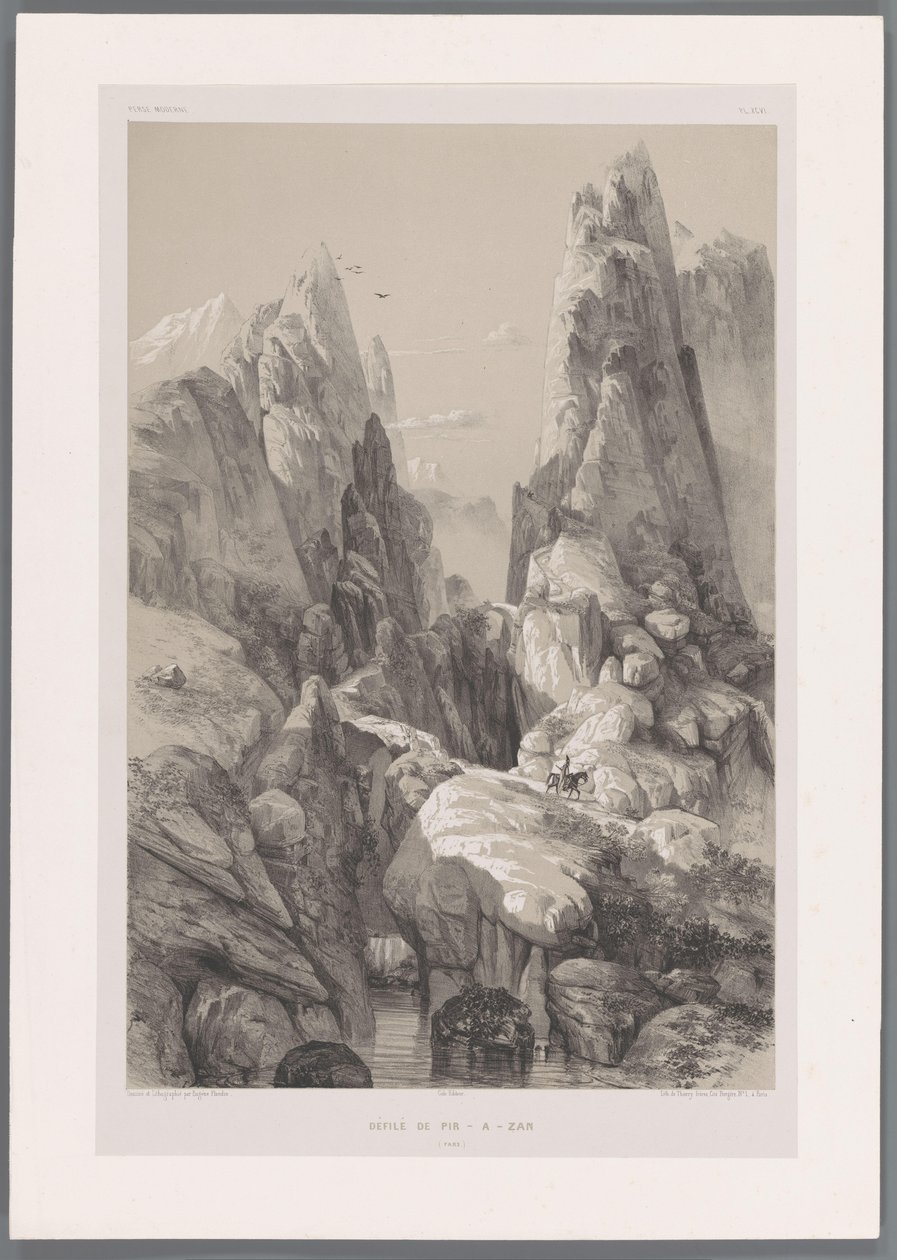 Canyon of Mount Kuh-e Pir Zan i Iran Defilé de Pir-a-Zan (Fars) (tittel på objekt) Persiske landskap (serietittel) Perse modern (serietittel) av Eugene Flandin