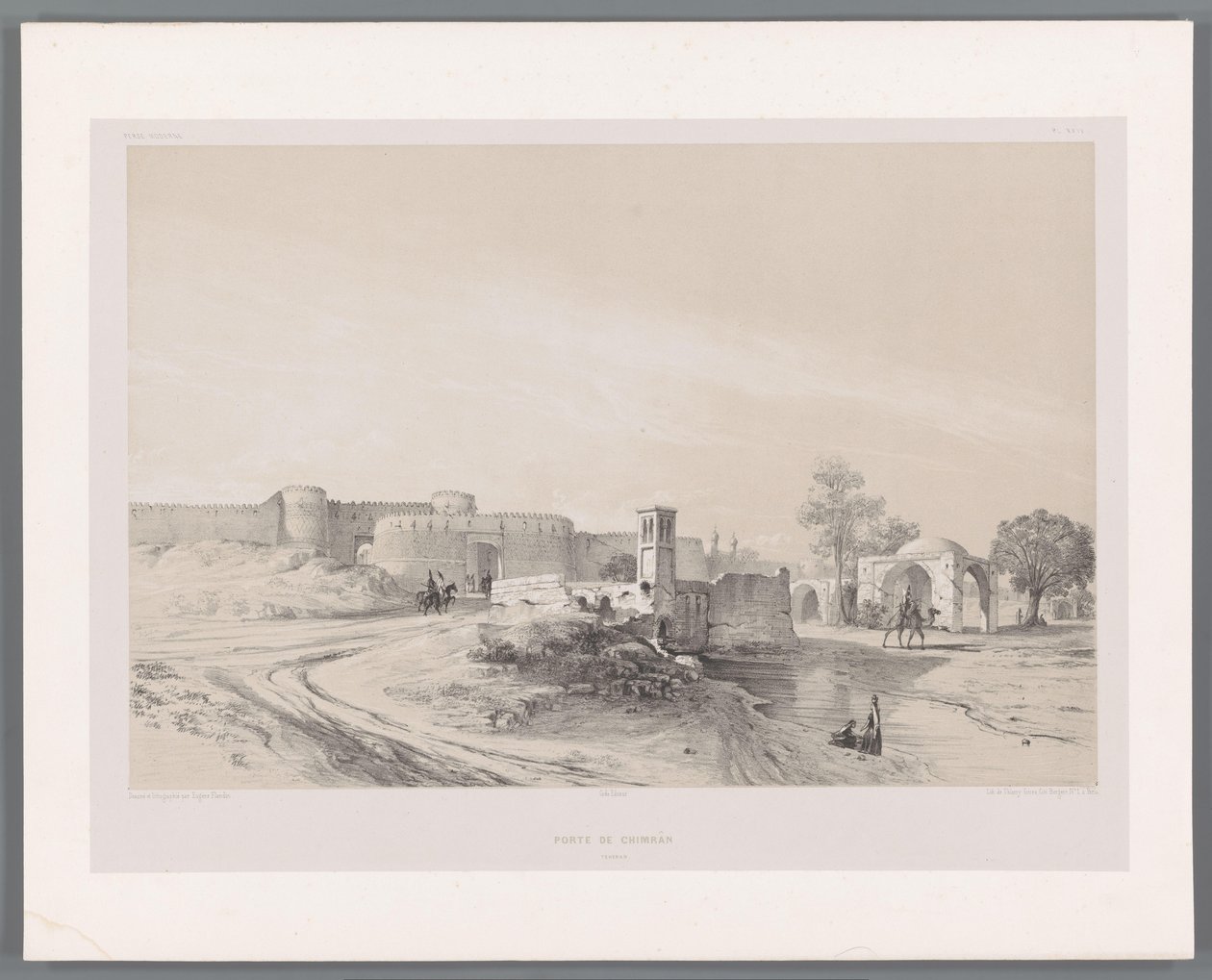Shemran-porten i Teheran Porte de Chimran Teheran (tittel på objekt) Persiske landskap (serietittel) Perse modern (serietittel) av Eugene Flandin