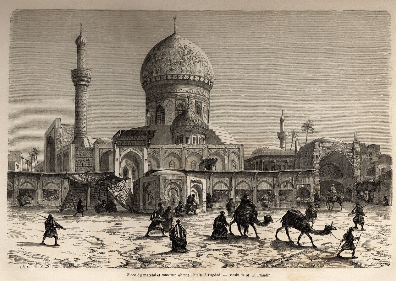 Marche-plassen og Ahmet Khiaia-moskeen i Bagdad, tegning av Eugene Flandin (1809-1876), for å illustrere hans reise til Mesopotamia i 1840-1842. Gravering i “” Le tour du monde”” 1861. Selvas samling. av Eugene Flandin