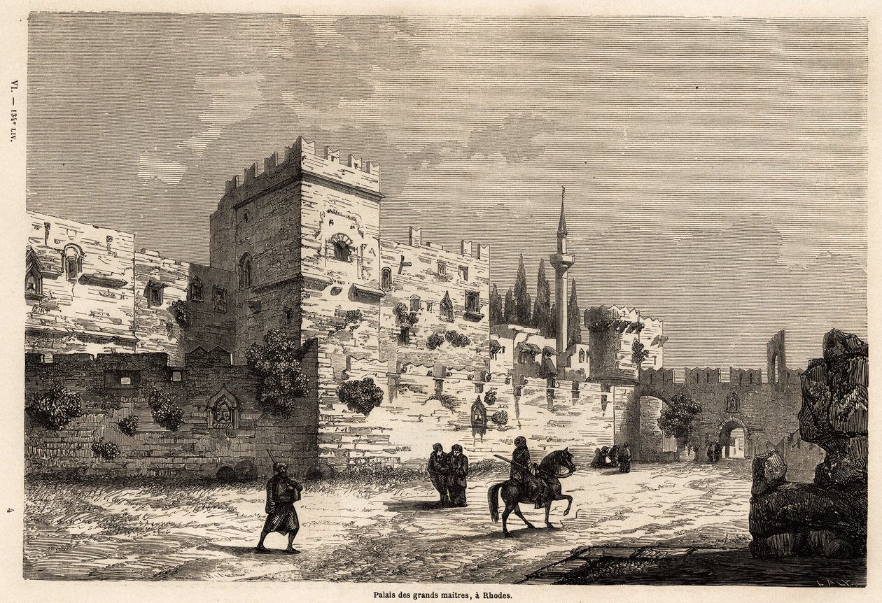 De store mesternes palass på Rhodos, tegning av Eugene Flandin, for å illustrere hans reise til øya Rhodos i 1844. Gravering i "" Le tour du monde", redigert av Edouard Charton av Eugene Flandin