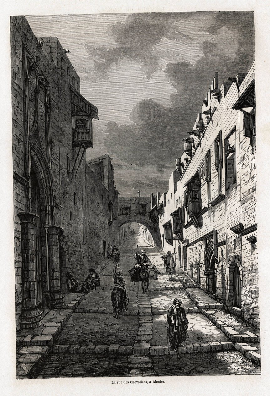 Rue des chevaliers, på Rhodos, tegning av Eugene Flandin, for å illustrere hans reise til øya Rhodos i 1844. Gravering i "" Le tour du monde", redigert av Edouard Charton av Eugene Flandin