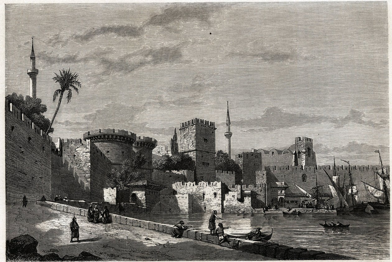 Utsikten over havnen på Rhodos og porten til Aubusson, tegning av Eugene Flandin, for å illustrere hans reise til Rhodos øya i 1844. Gravering i "" Le tour du monde"", redigert av Edouard Charton av Eugene Flandin