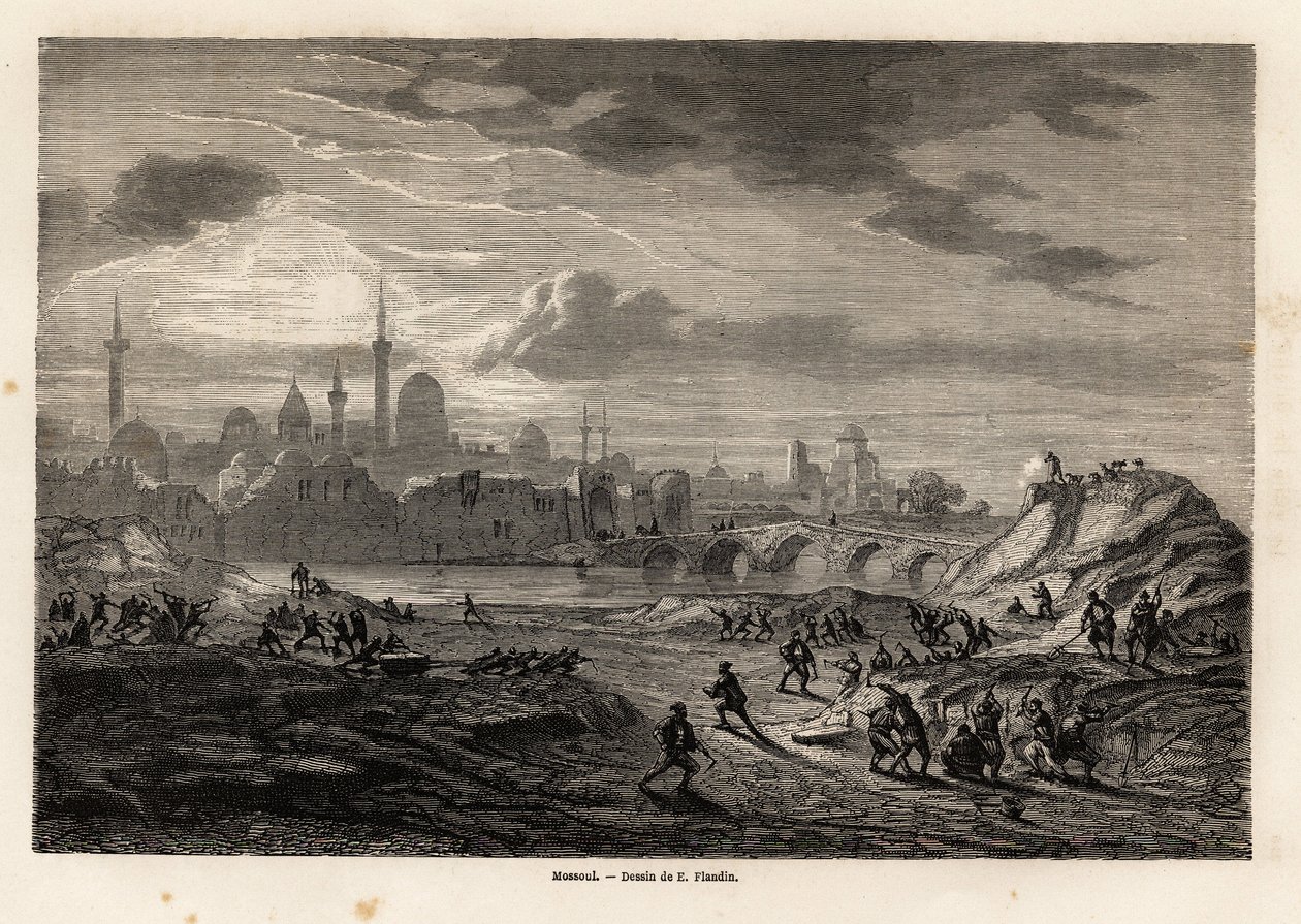Utsikt over Mosul (Irak), ved bredden av Tiger-elven, tegning av Eugene Flandin, for å illustrere ekspedisjonen til Nineve, fra 1844 til 1860, til Vivian de Saint Martin. Gravering i "" Le tour du monde"", redigert av Edouard Charton av Eugene Flandin