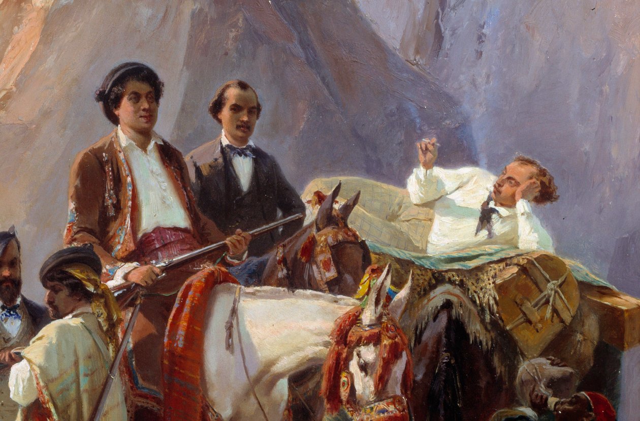 Erindring om reisen fra Paris til Cadiz gjort i 1846 av Alexandre Dumas og hans venner Representasjon av Alexandre Dumas, far og sønn, Louis Boulanger, Eugene Giraud, A. Maquet og Desbarolles. Detalj. Maleri av Eugene Giraud (1806-1881) 1846 av Eugene Giraud