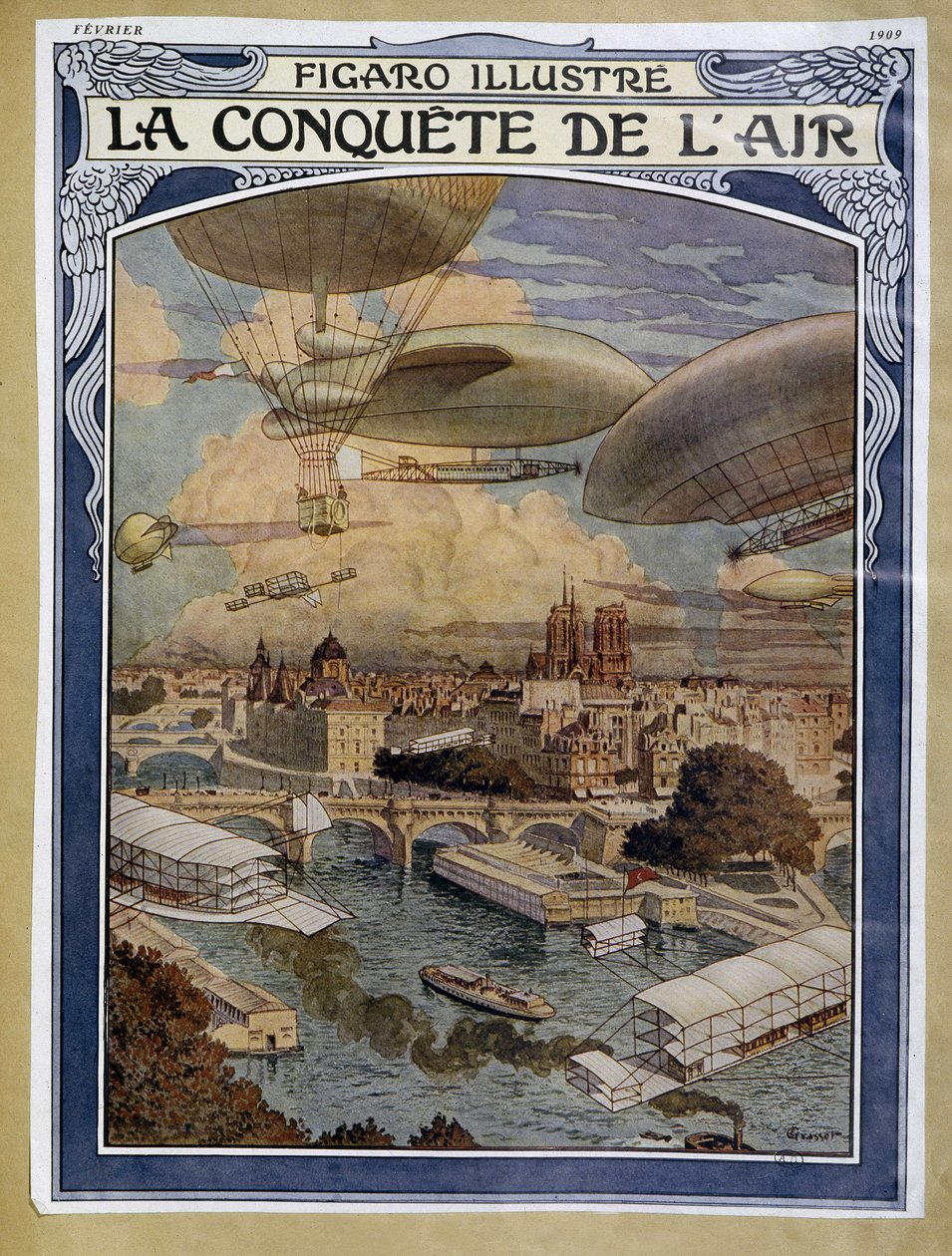 Air conquet: luftskip, ballong og varmluftsballong over Paris - omslag i "" Figaro Illustré"" fra februar 1909 av Eugene Grasset