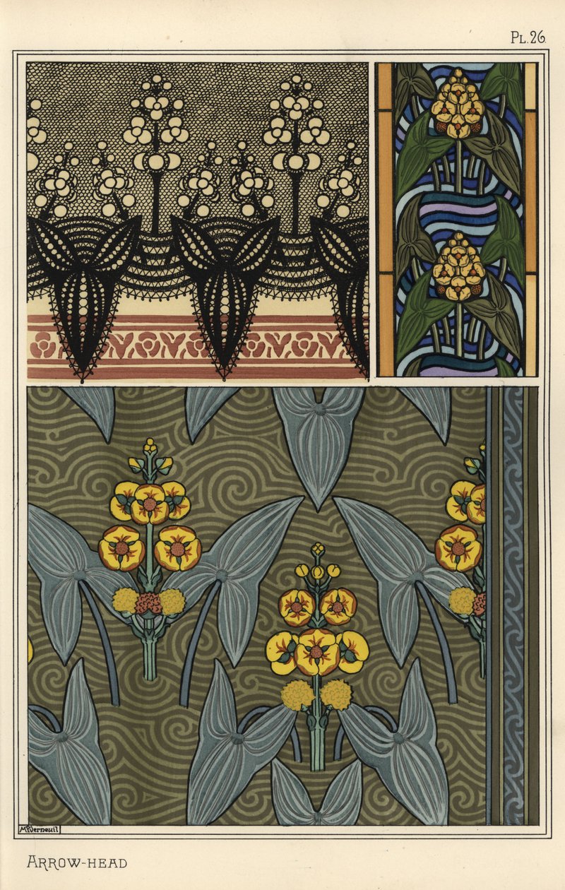 Pilspiss, Sagittaria sagittifolia, som designmotiv i broderi, glassmalerier og stoffmønstre av Eugene Grasset