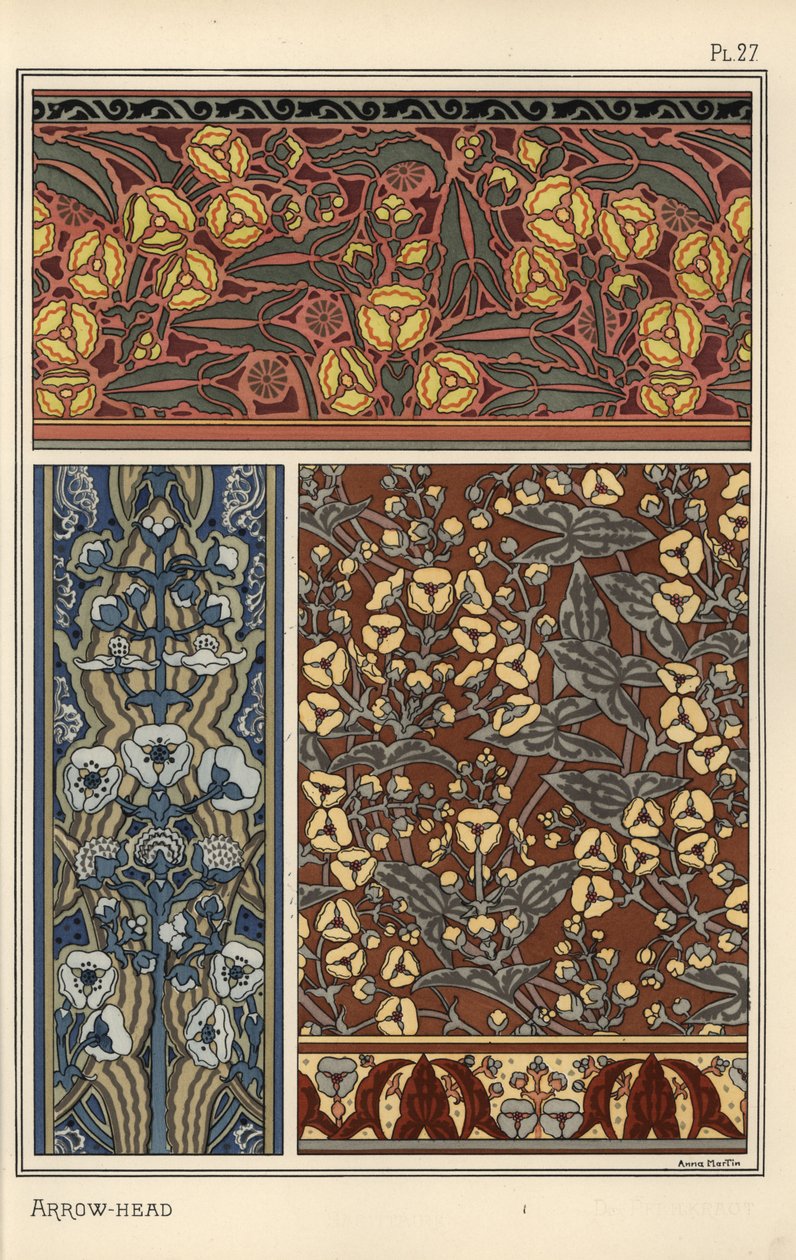 Pilspiss, Sagittaria sagittifolia, som designmotiv i tapet- og stoffmønstre av Eugene Grasset