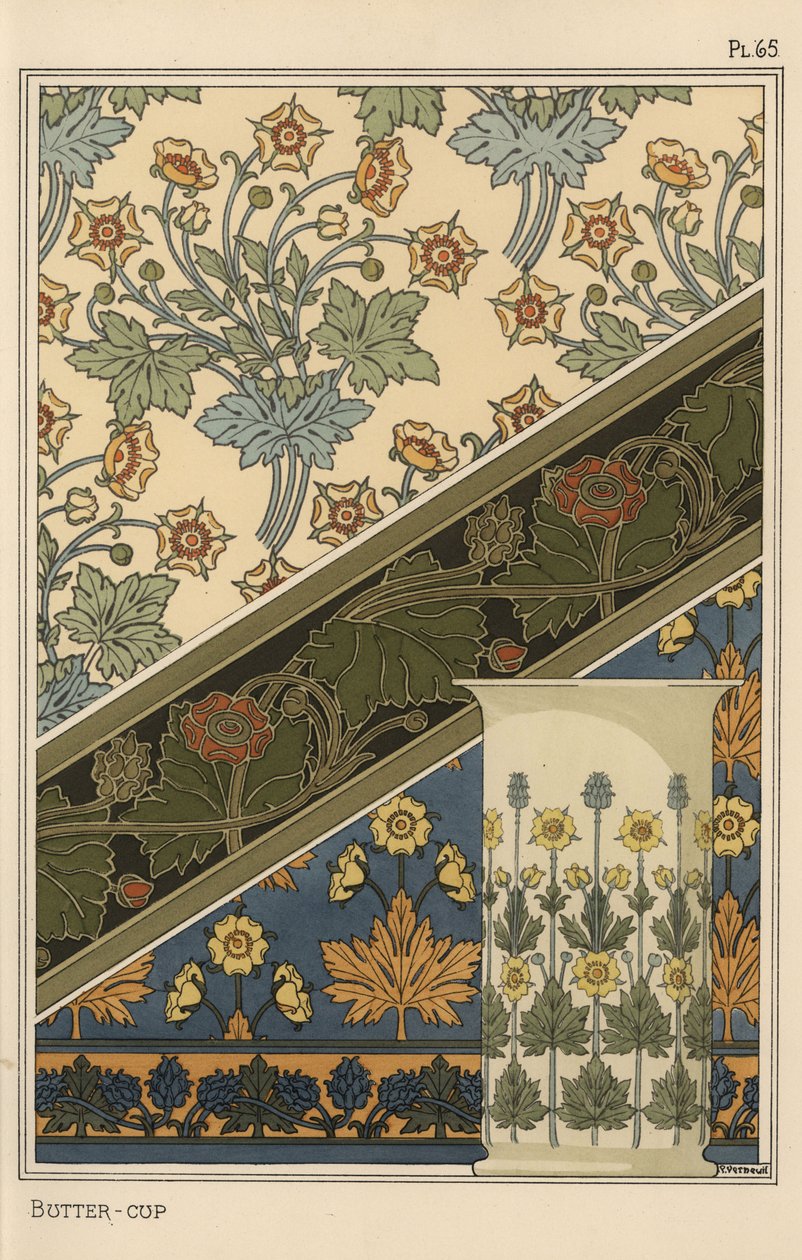 Smørblomst i art nouveau-mønster til tapeter og vase av Eugene Grasset
