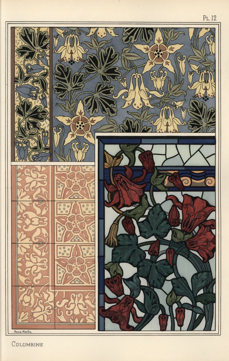 Akeleie, Aquilegia vulgaris, blomst i mønstre for tapet, glassmalerier og fliser av Eugene Grasset
