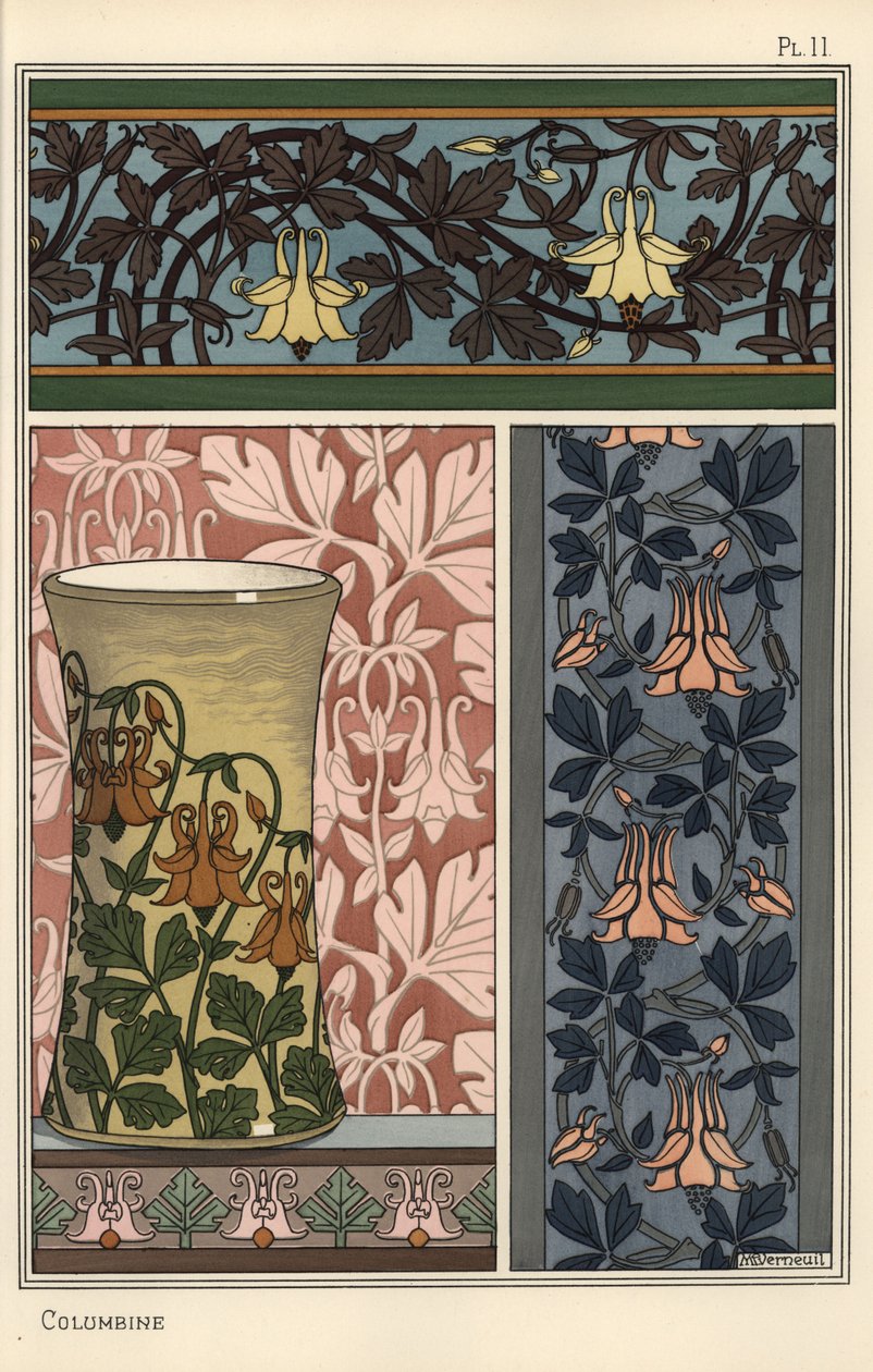 Akeleieblomst, Aquilegia vulgaris, i mønster til tapet, stoff og vase av Eugene Grasset