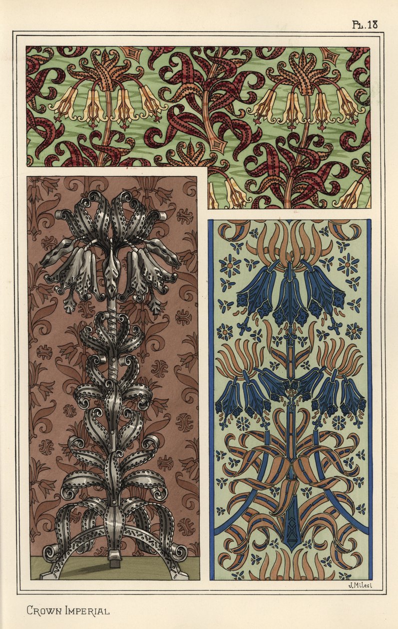 Krone keiserlig blomst, Fritillaria imperialis, i tapet- og stoffmønstre, og som design for en kunstgjenstand i stål av Eugene Grasset