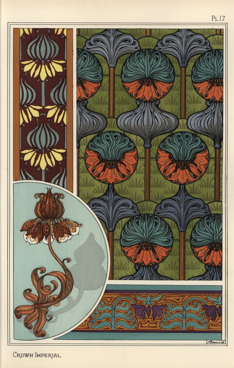 Keiserkroneblomst, Fritillaria imperialis, i tapet- og stoffmønstre, og som design for en smijernslampe av Eugene Grasset