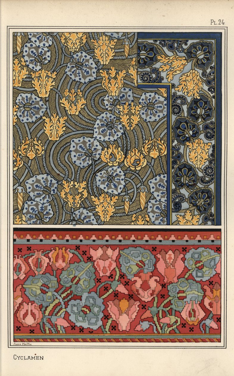 Cyclamen persicum plante som motiv i design for billedvev, stoff og tapet. Litografi av Anna Martin av Eugene Grasset