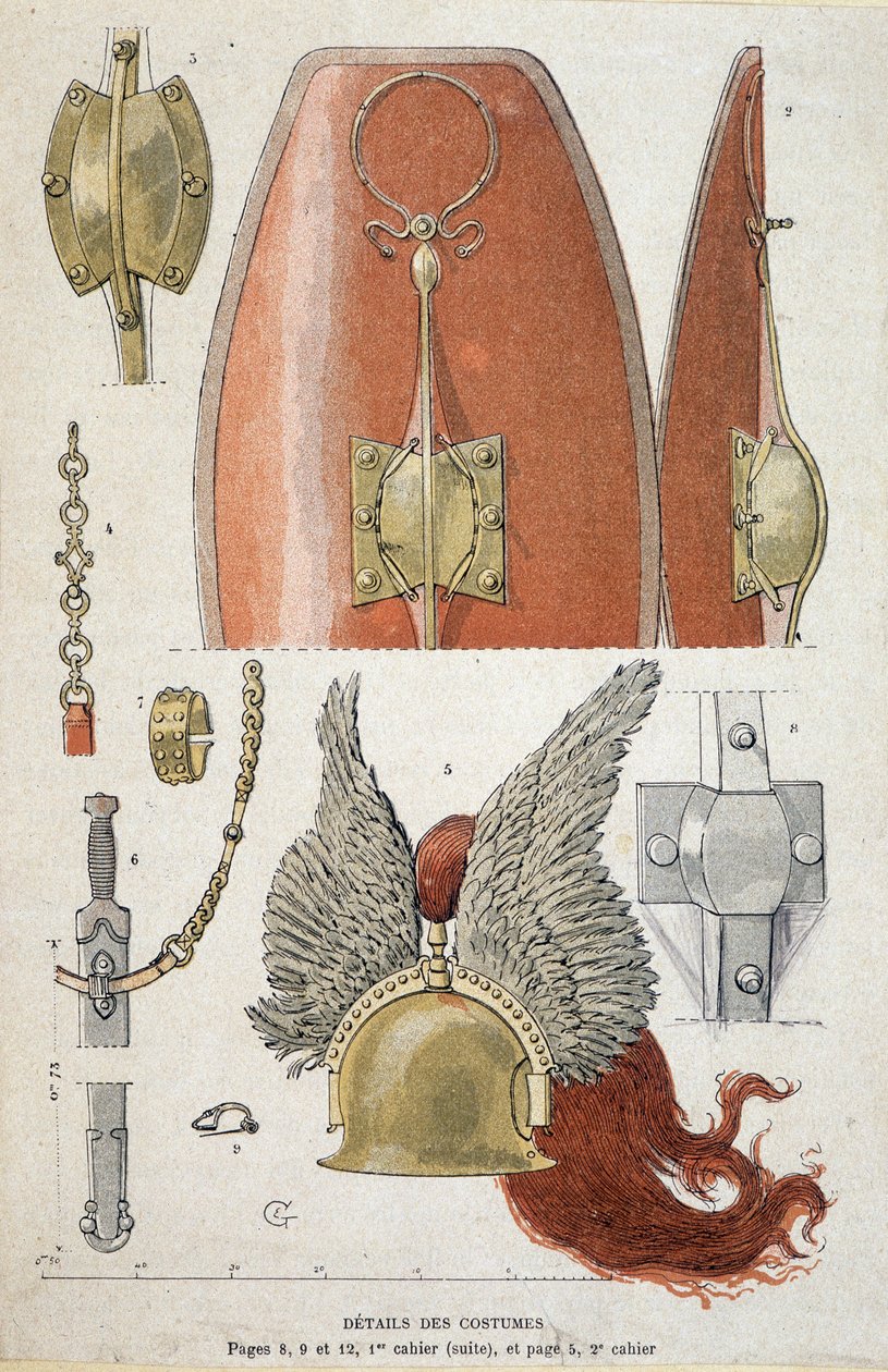 Detaljer om gallisk krigerdrakt - i "" Illustrous Teaching Cahiers, War Costumes of the Bronse Age and the Gallish Age"", red. Grasset av Eugene Grasset