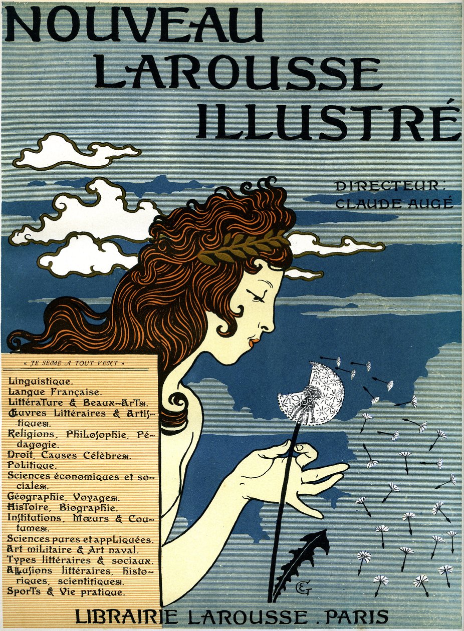 Første side av Nouveau Larousse illustrious (ordbok i syv bind utgitt mellom 1897 og 1904 (gravering) av Eugene Grasset