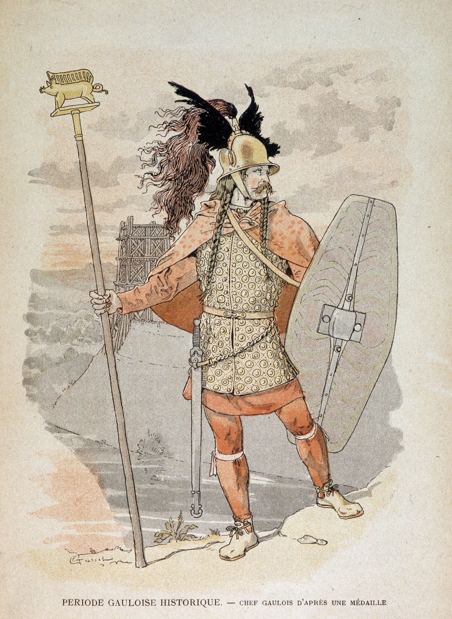 Gallisk leder (etter en medalje): holder et "" banner"""" dekor av en villsvin lærer - i "" Illustrous Teaching Cahiers, War Costumes of the Bronse Age and the Gallic Age"", ed Grasset av Eugene Grasset