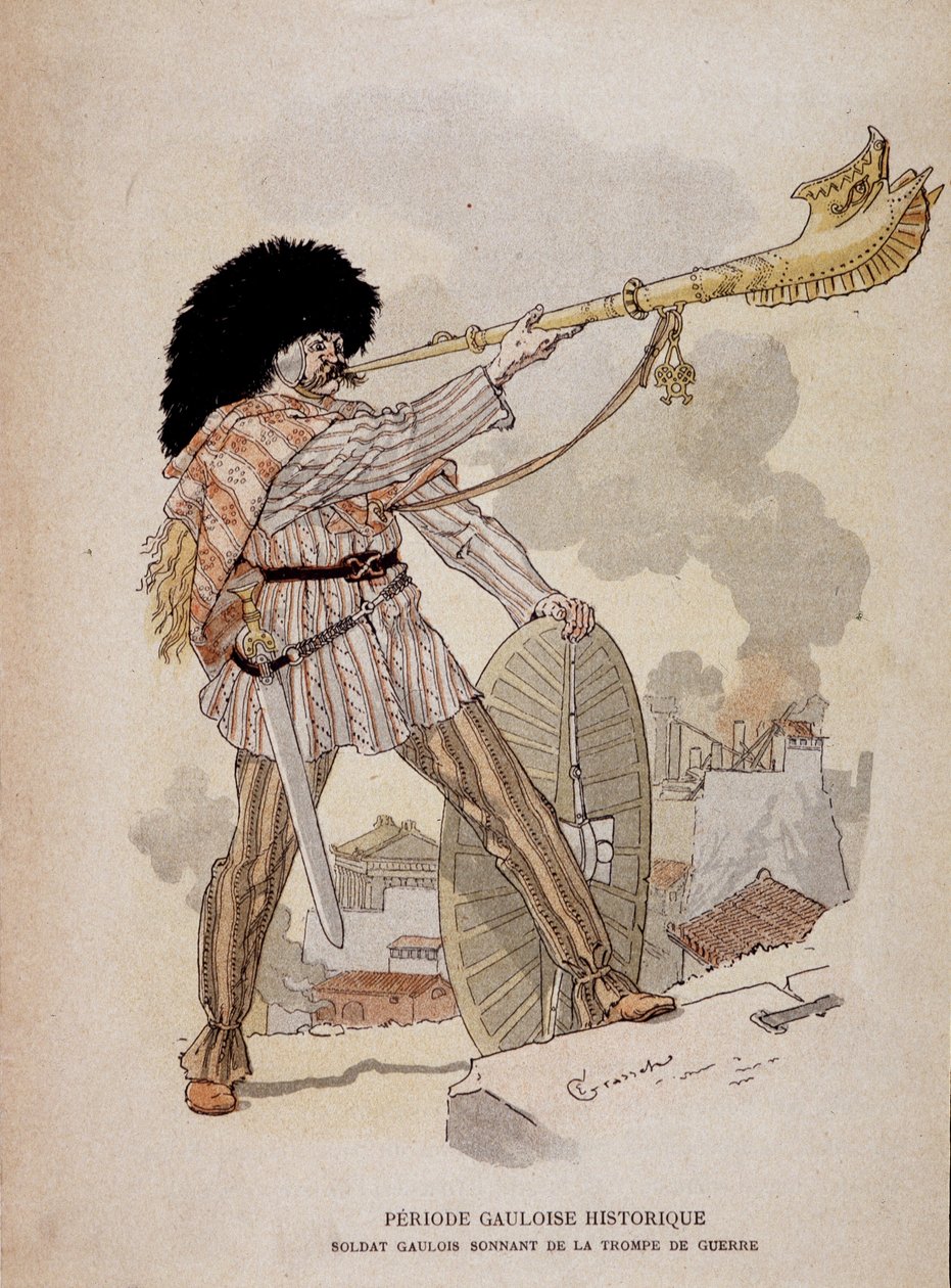 Gallisk soldat lyder fra krigshornet (carnyx) - i "" Illustrous Teaching Cahiers, War Costumes of the Bronse Age and the Gallish Age"", red Grasset av Eugene Grasset
