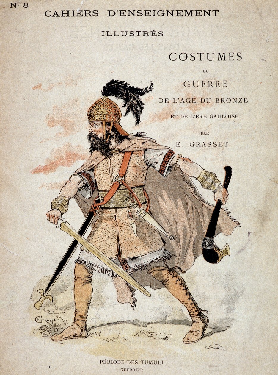 Gallisk kriger fra Tumuli-perioden - i "" Illustrous Teaching Cahiers, War Costumes of the Bronse Age and the Gallish Age"", red. Grasset. Illustrasjon av Eugene Samuel Grasset (1841-1917). av Eugene Grasset
