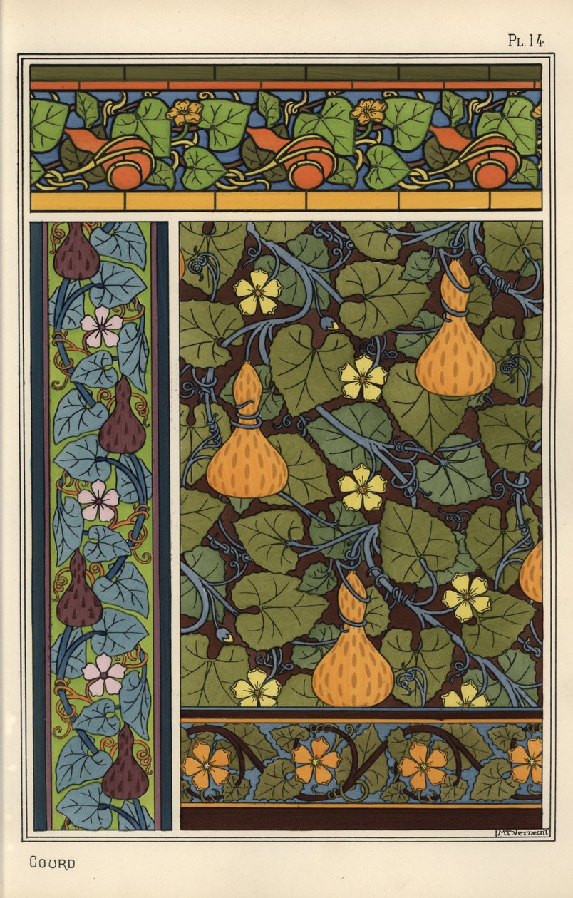 Kalebass i tapet, glassmalerier og stoffmønstre av Eugene Grasset