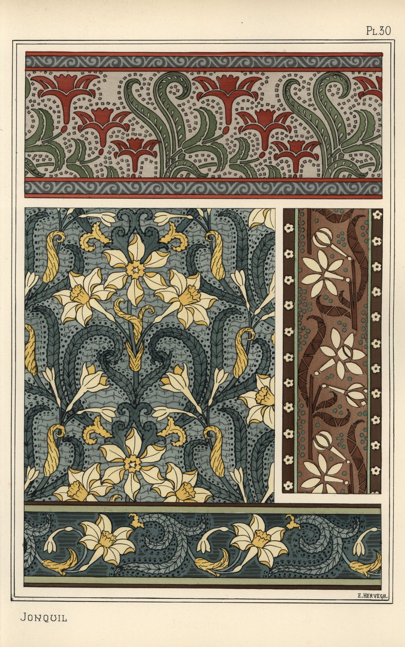 Jonquil, Narcissus jonquilla, som designmotiv i tapet- og stoffmønstre av Eugene Grasset