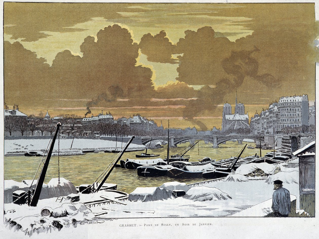 Le pont de Sully, i Paris dekket snø, en kveld i januar 1886 - av Grasset av Eugene Grasset