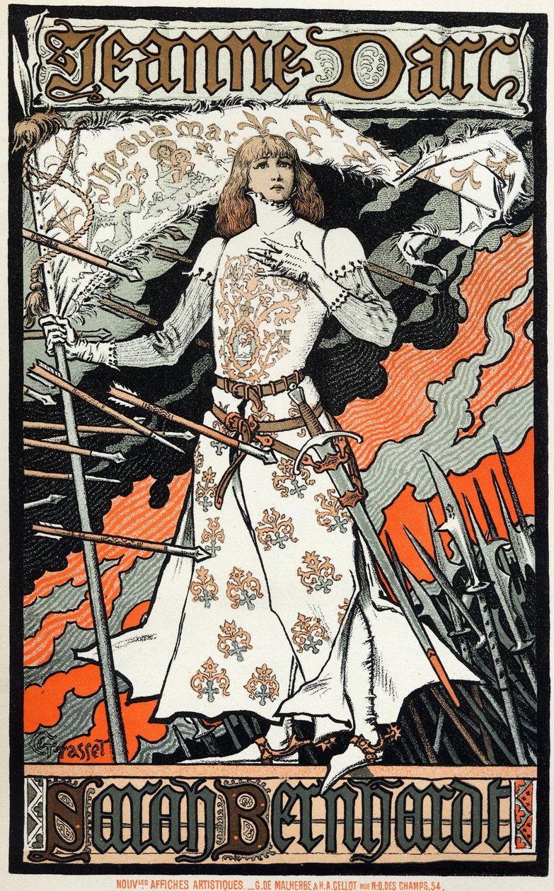 Litteratur. Teater. Joan of Arc, skuespill av Charles Peguy. Plakat av Eugene Grasset som representerer Sarah Bernhardt, Frankrike av Eugene Grasset