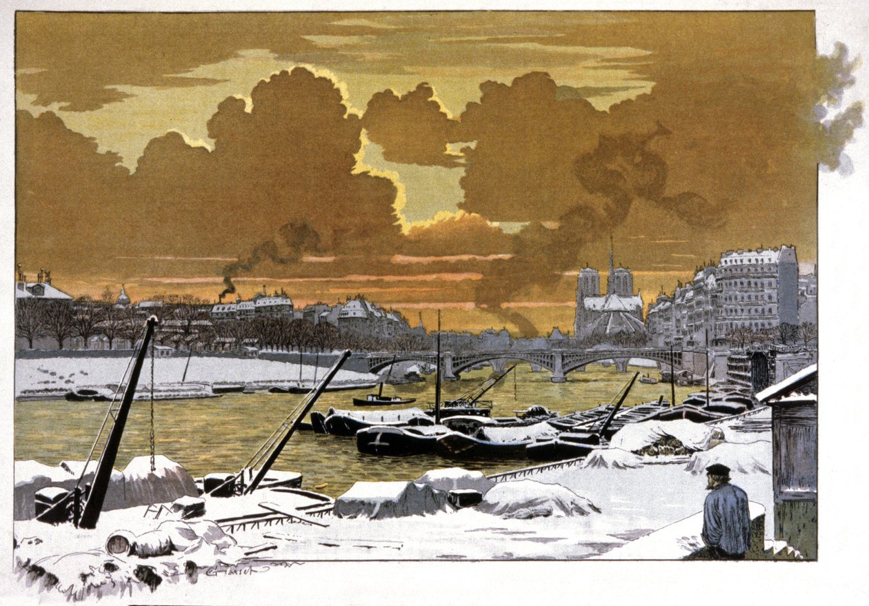Paris, lektere under snøen ved Pont de Sully, ca. 1905 av Eugene Grasset