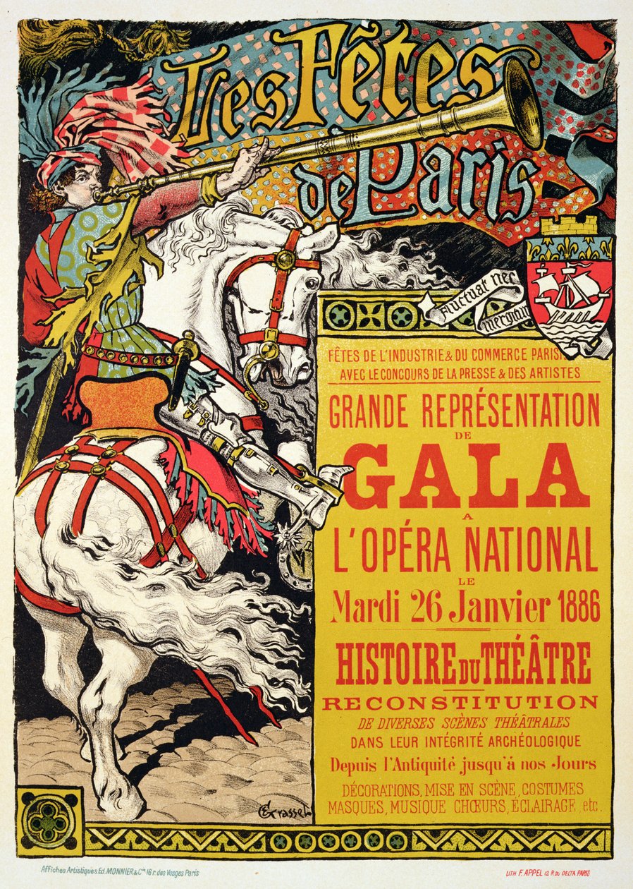 Reproduksjon av en plakat som reklamerer for 'Fetes de Paris', ved Opera National, Paris, 1885 av Eugene Grasset