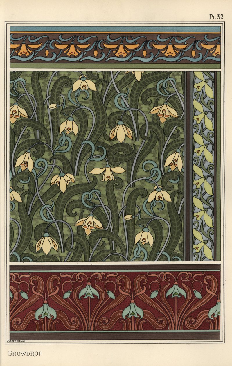 Snøklokke, Galanthus nivalis, som designmotiv i tapeter, border og stoffer av Eugene Grasset