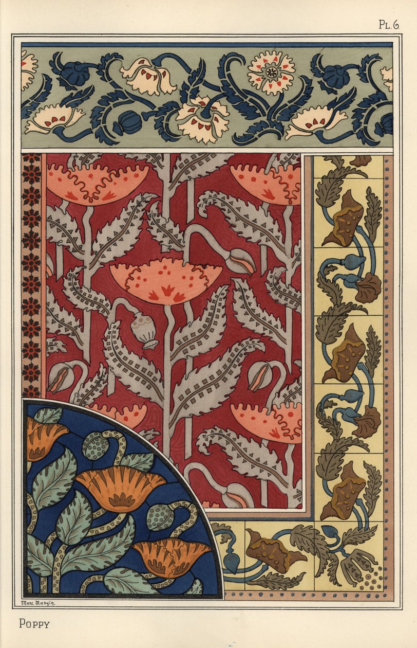 Valmuen, Papaver somniferum, i farget glass, tapet, stoff og flisemønstre. Litografi av Marc Mangin av Eugene Grasset