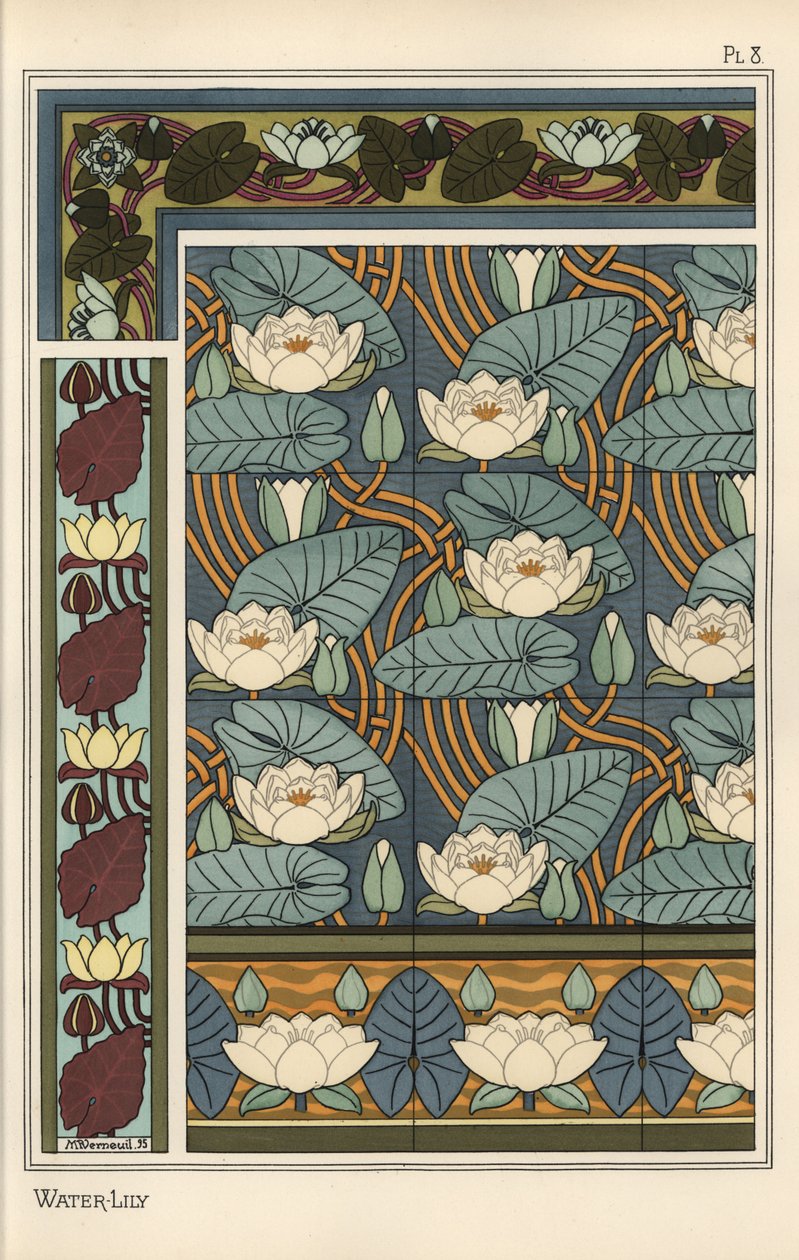 Vannliljen, Nelumbo lutea, i tapet- og flisemønster av Eugene Grasset