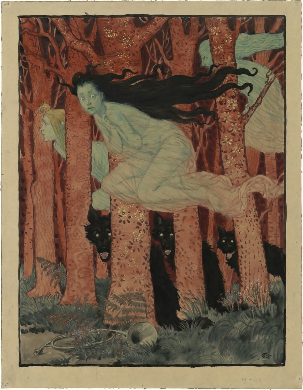 Tre kvinner og tre ulver Tre kvinner og tre ulver, ca 1892. av Eugene Grasset