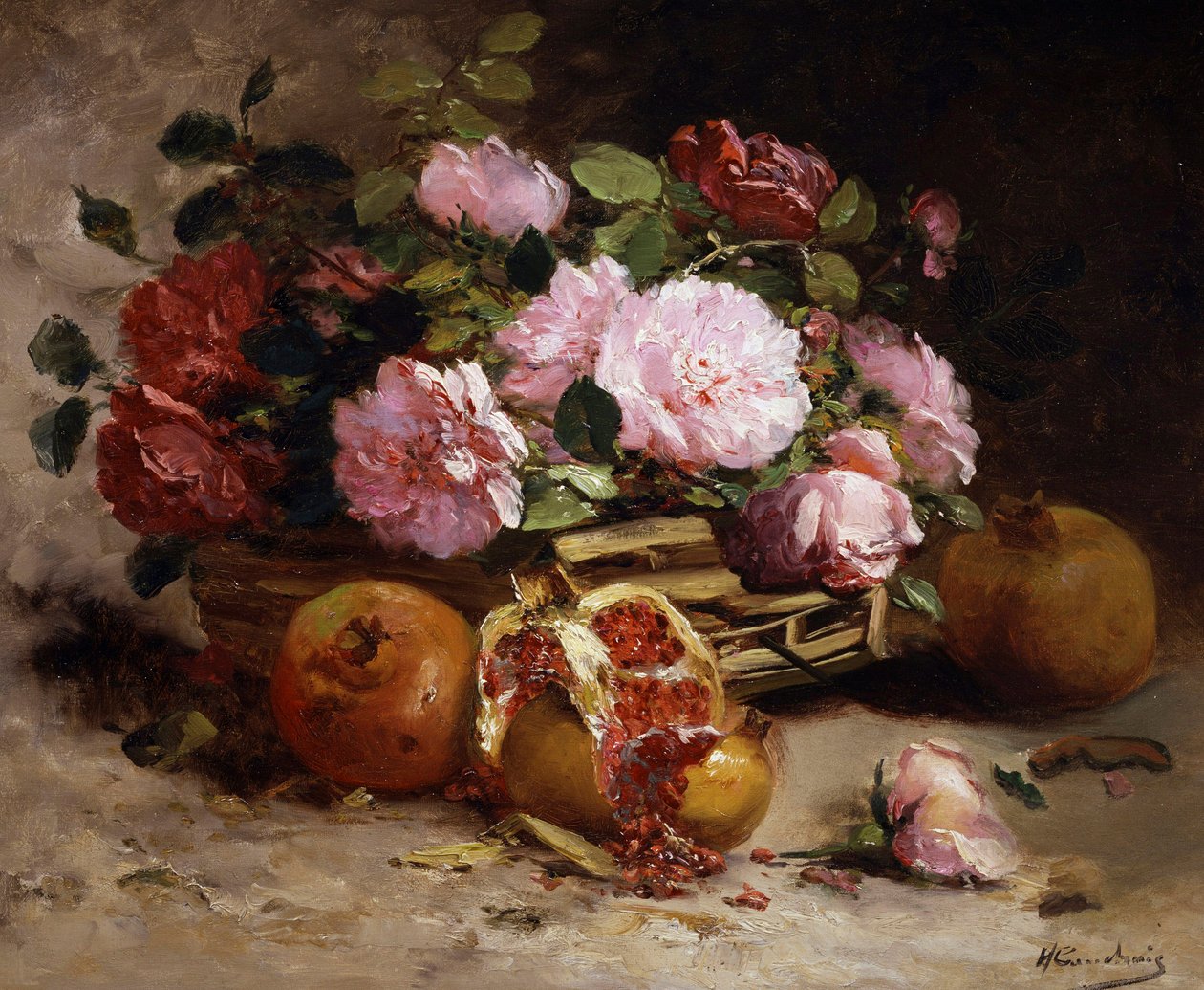 Stilleben av rosa roser og granatepler. Maleri av Eugene Henri Cauchois (1850–1911). Privat samling. av Eugene Henri Cauchois