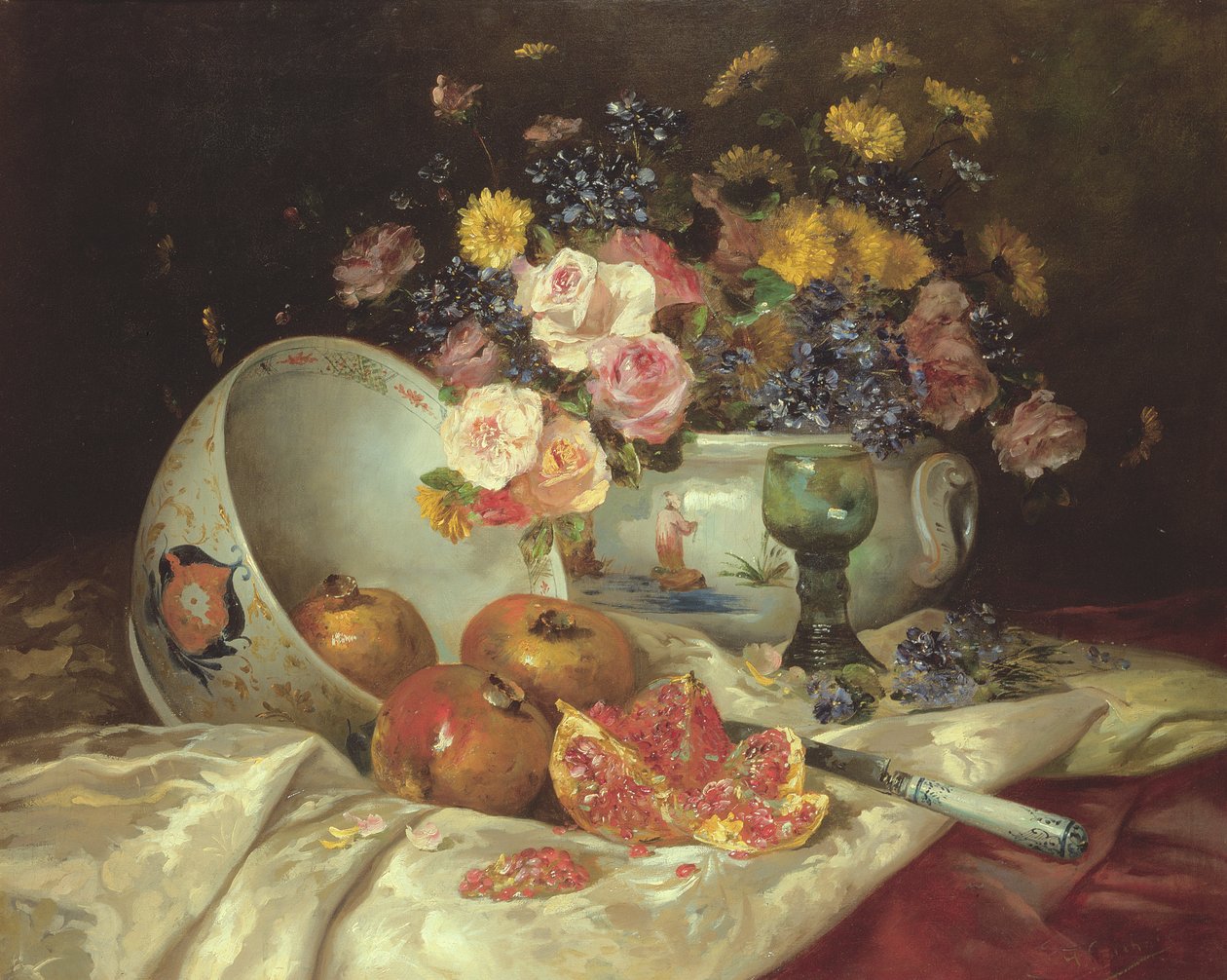 Stilleben av blomster i en kinesisk vase med granatepler av Eugene Henri Cauchois