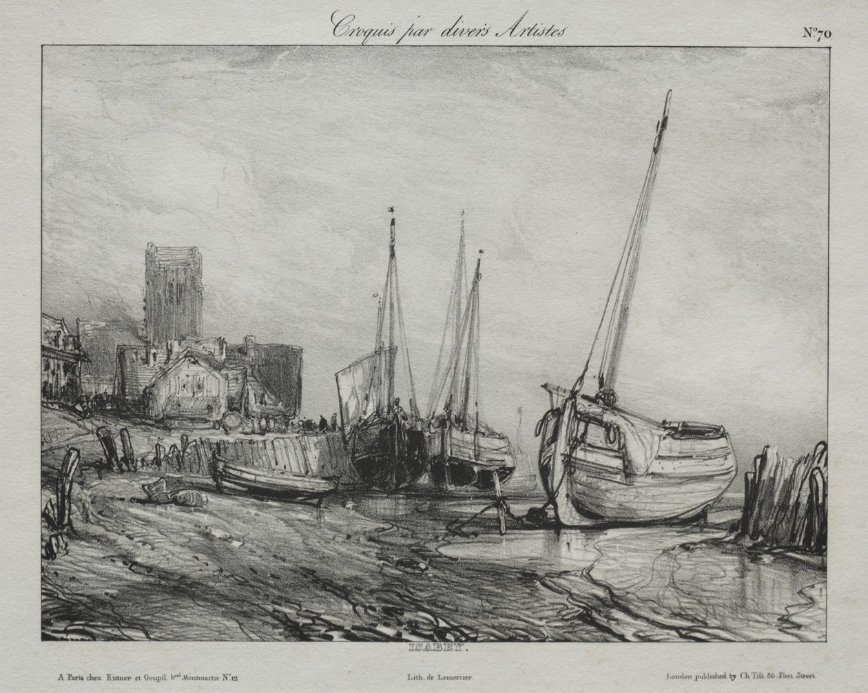 Fiskebåter langs stranden av Eugene Isabey
