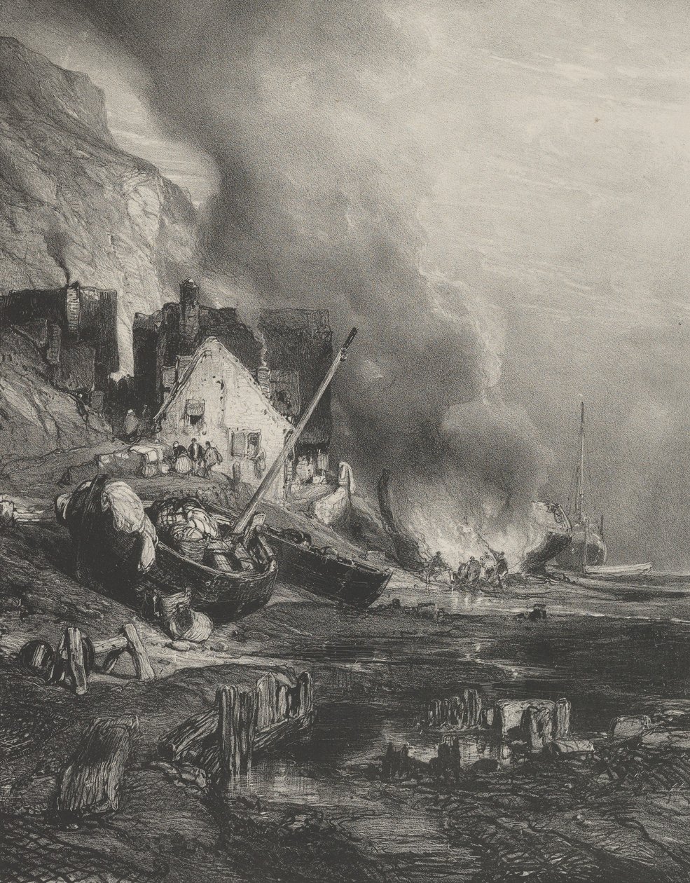 Ombygging av et skip ved lavvann, 1833. av Eugene Isabey