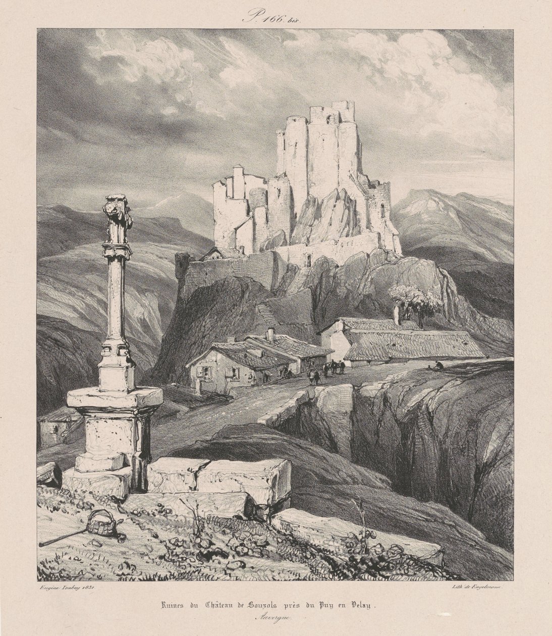 Ruinene av Château de Bouzols nær Le Puy-en-Velay av Eugene Isabey