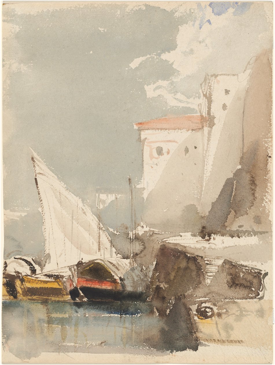 Seilbåter i en solbelyst havn (recto) av Eugene Isabey