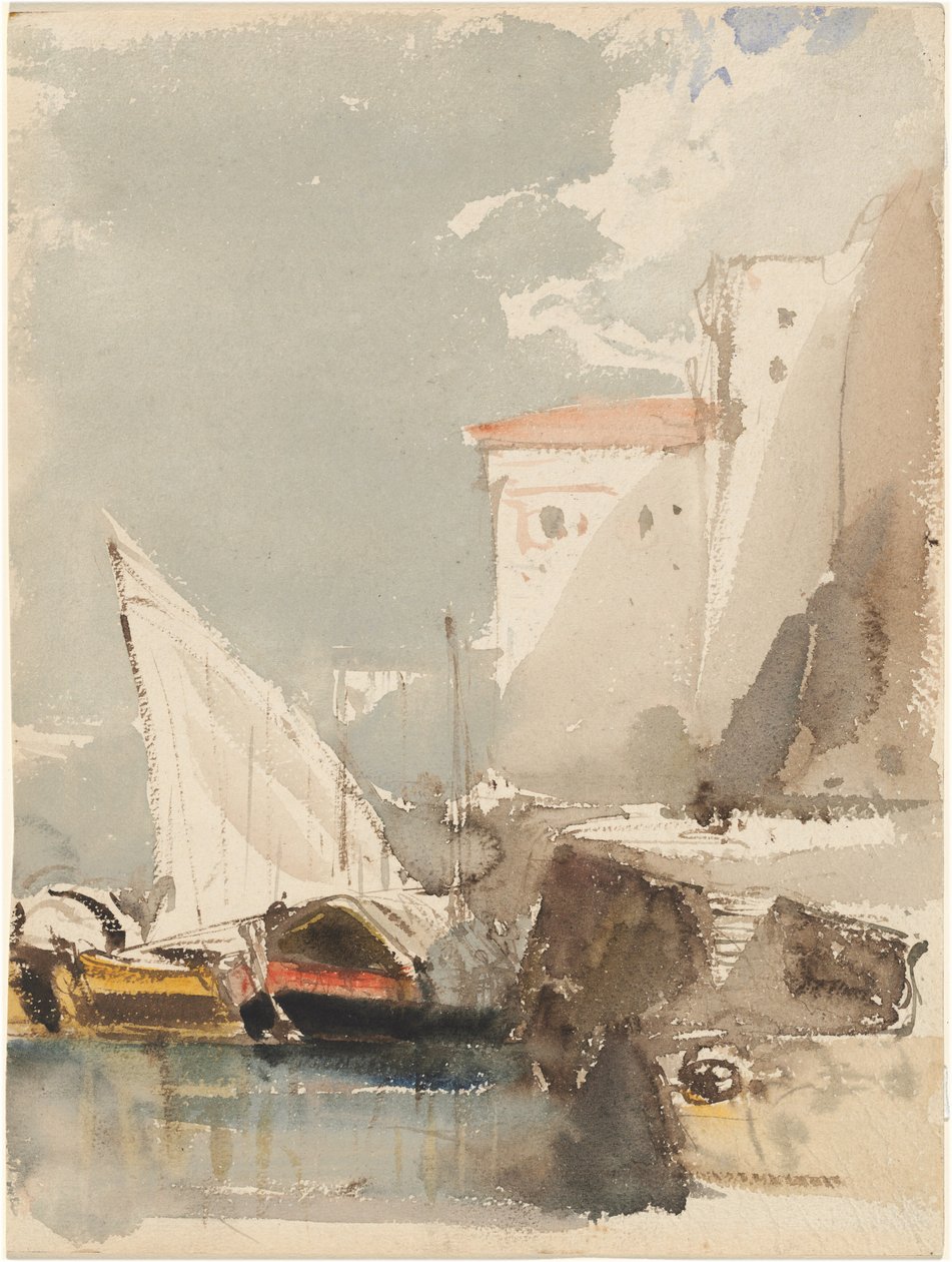 Seilbåter i en solbelyst havn (forside) av Eugene Isabey