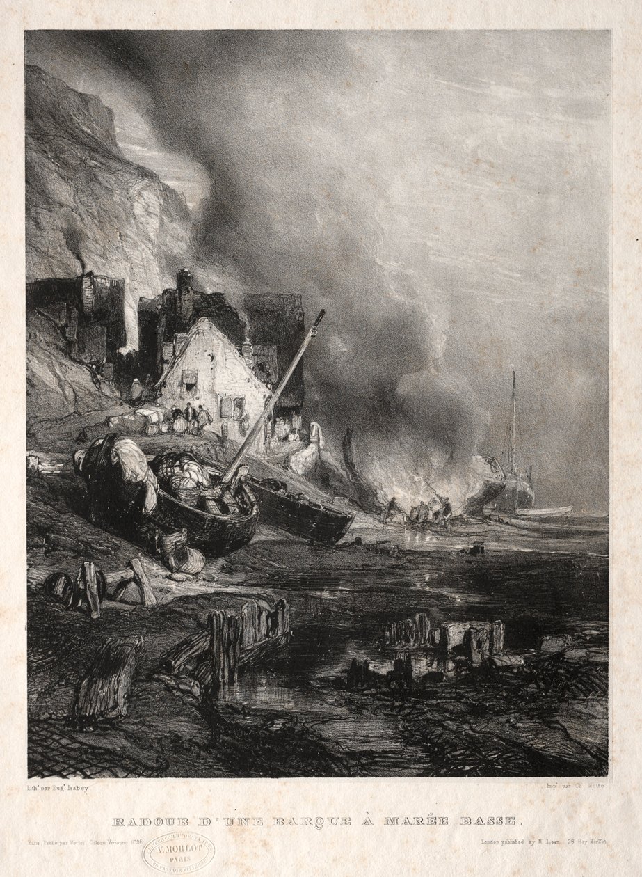 Six Marines: Ombygging av en båt ved lavvann, 1833. av Eugene Isabey