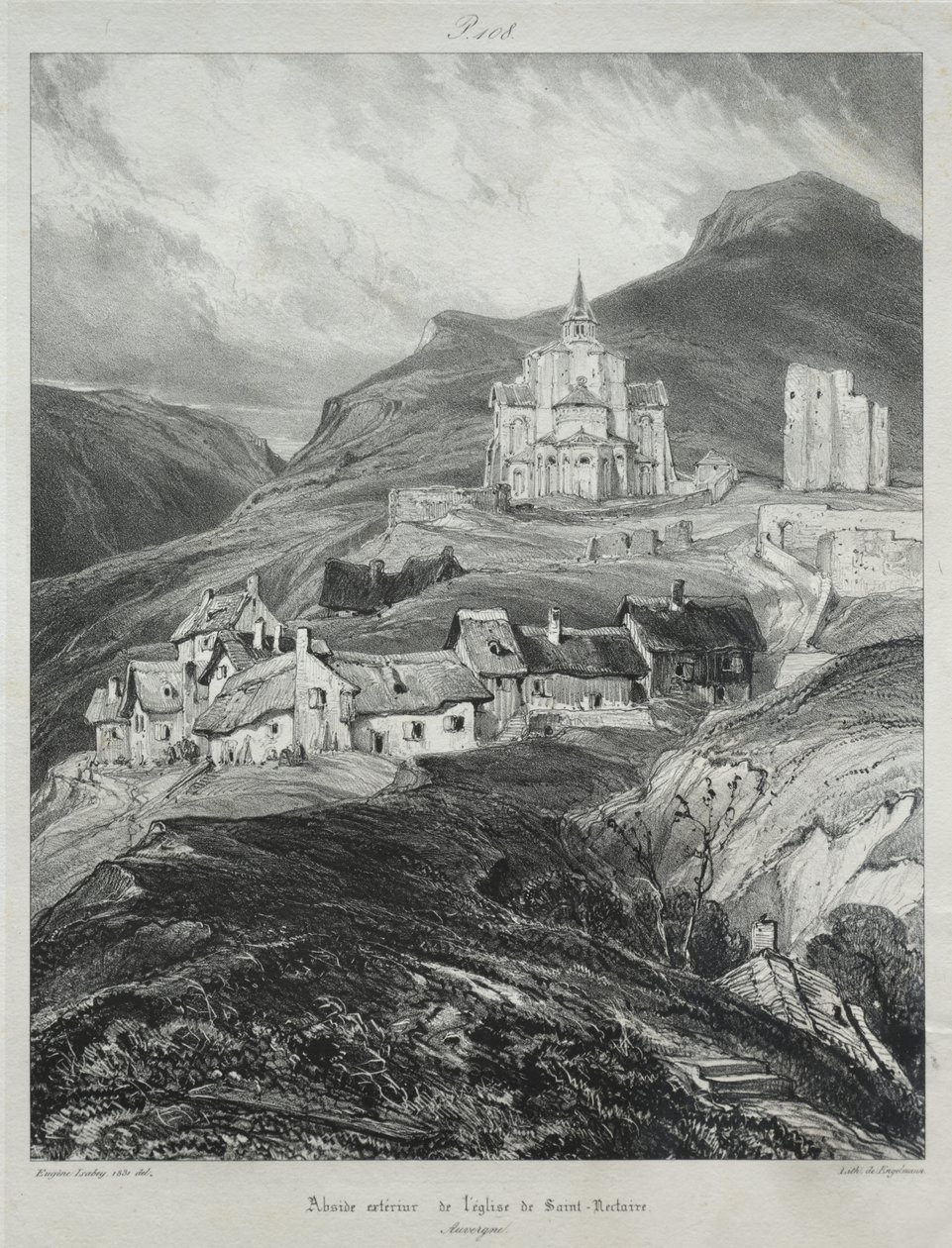 Pittoreske og romantiske reiser i det gamle Frankrike, Auvergne: Apsis av kirken Saint Nectaire av Eugene Isabey