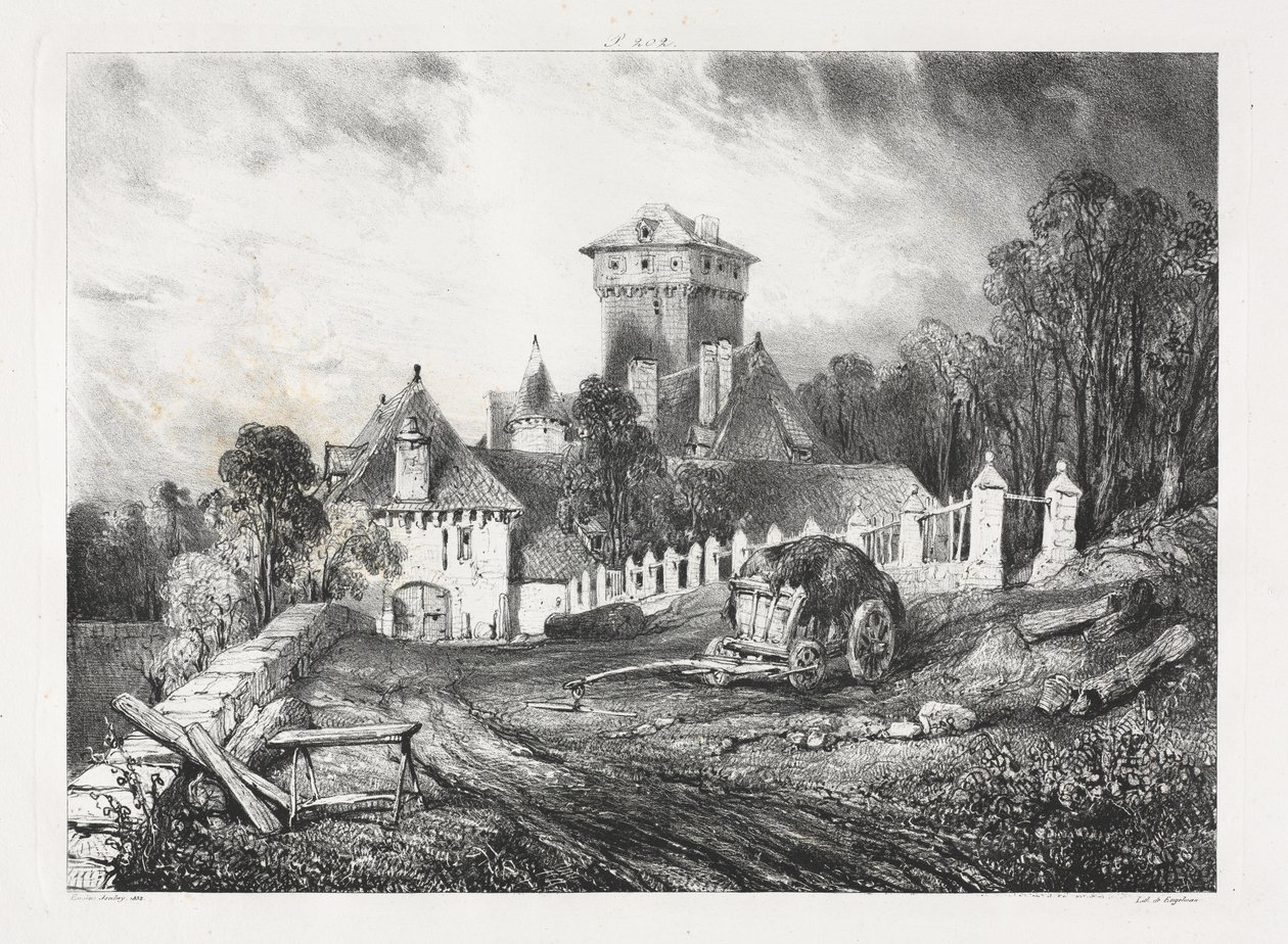 Pittoreske og romantiske reiser i det gamle Frankrike, Auvergne: Château de Pesteil i Polminhac av Eugene Isabey