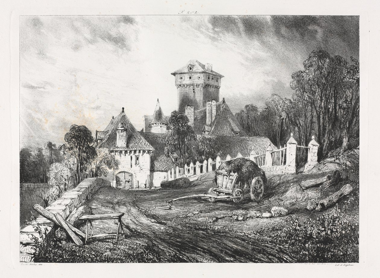 Pittoreske og romantiske reiser i det gamle Frankrike, Auvergne: Château de Pesteil i Polminhac av Eugene Isabey