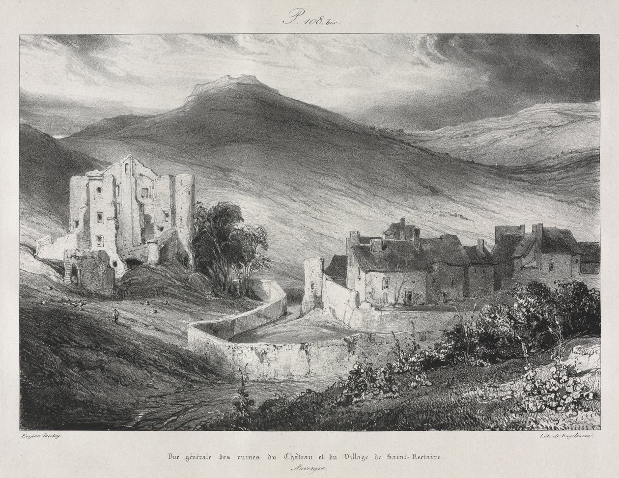 Pittoreske og romantiske reiser i det gamle Frankrike, Auvergne: Ruinene av slottet og landsbyen Saint Nectaire av Eugene Isabey