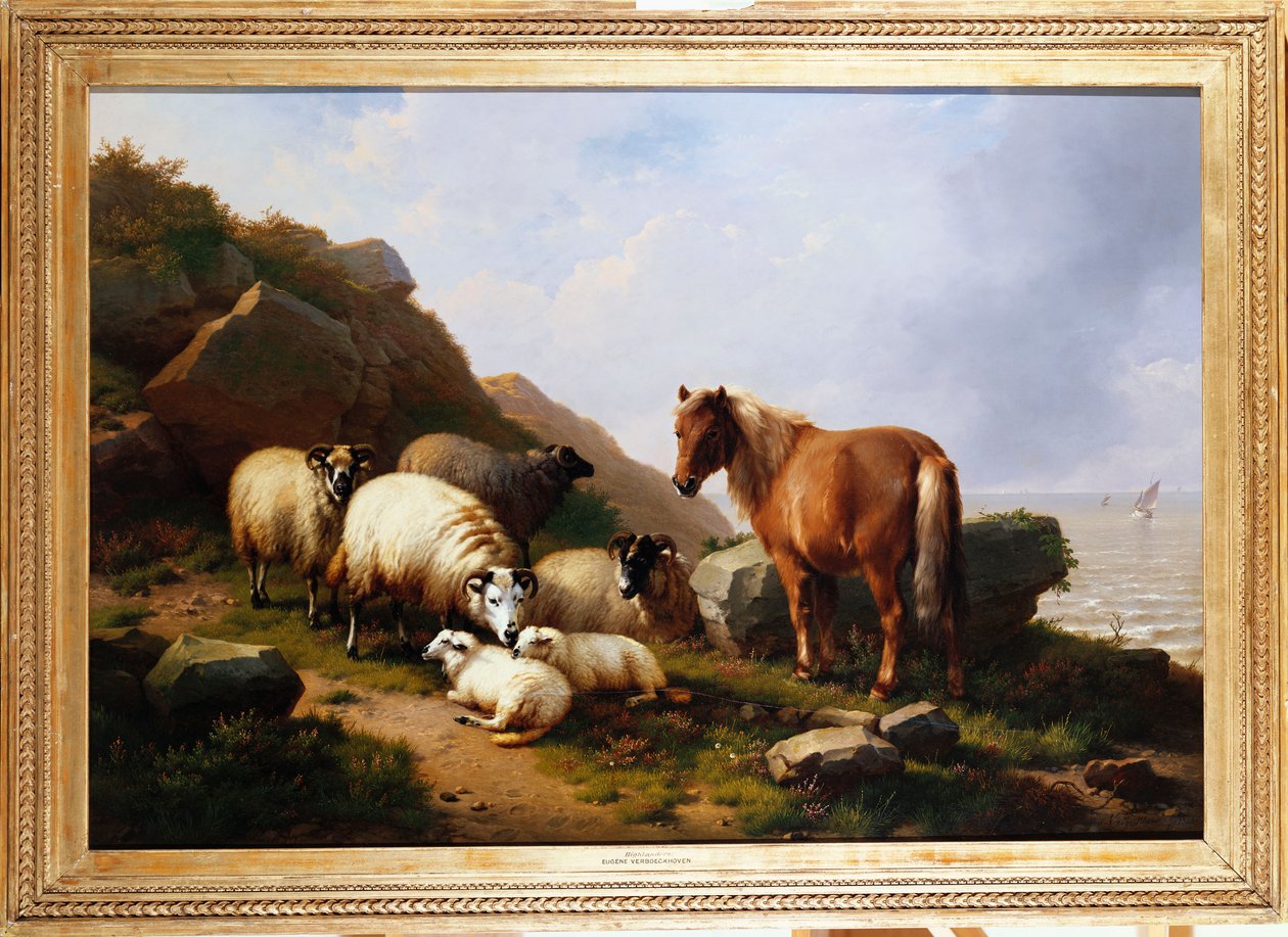 En ponni og sau på en klippe med et seilfartøy bortenfor, 1868 av Eugene Joseph Verboeckhoven