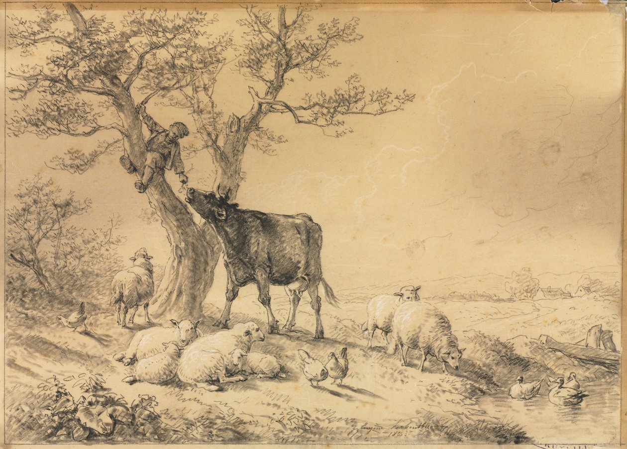 Landskap med dyr og gutt i treet, 1866. av Eugene Joseph Verboeckhoven