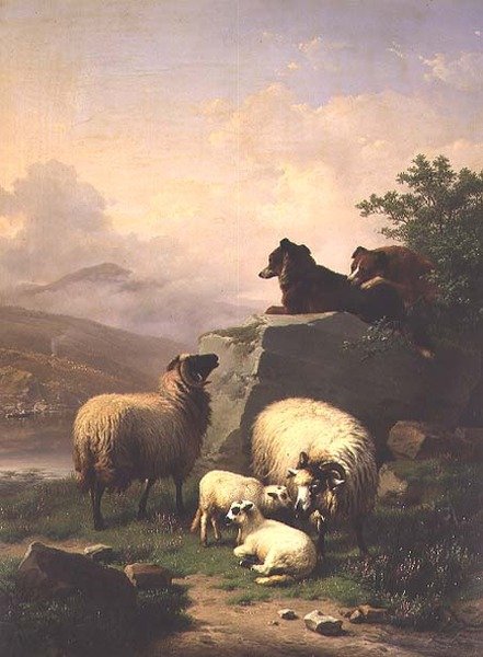 Sauer og lam med to hunder i et elvelandskap av Eugene Joseph Verboeckhoven