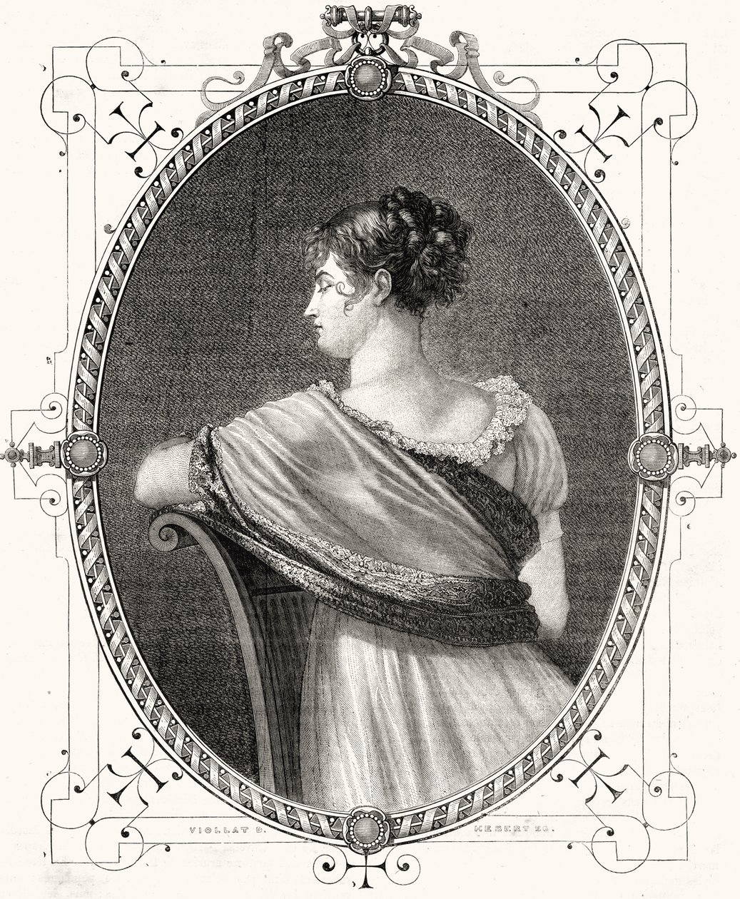 Portrett av Madame Recamier (1777-1849) gravert av Antoine Auguste Ernest Hebert (1817-1908) av Eugene Joseph Viollat